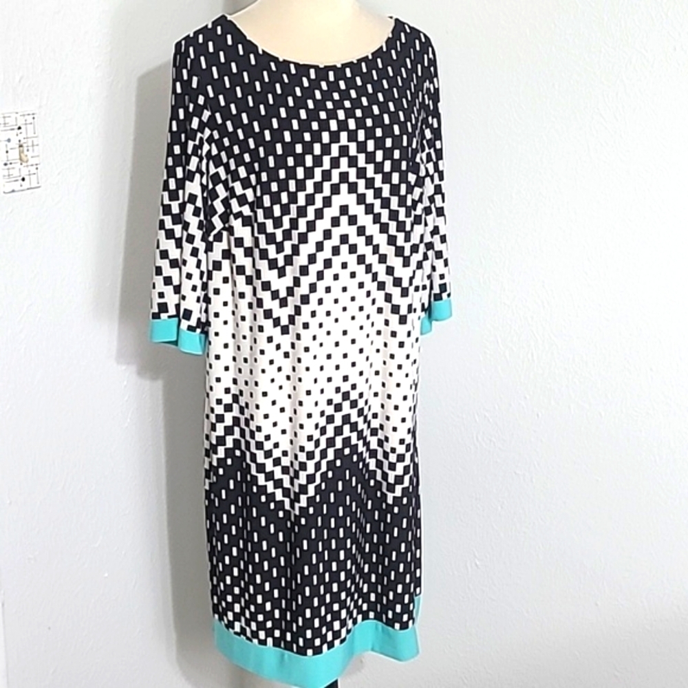 Signature Camryn Black & White Patterned Dress with Teal Accents, Size 16W
